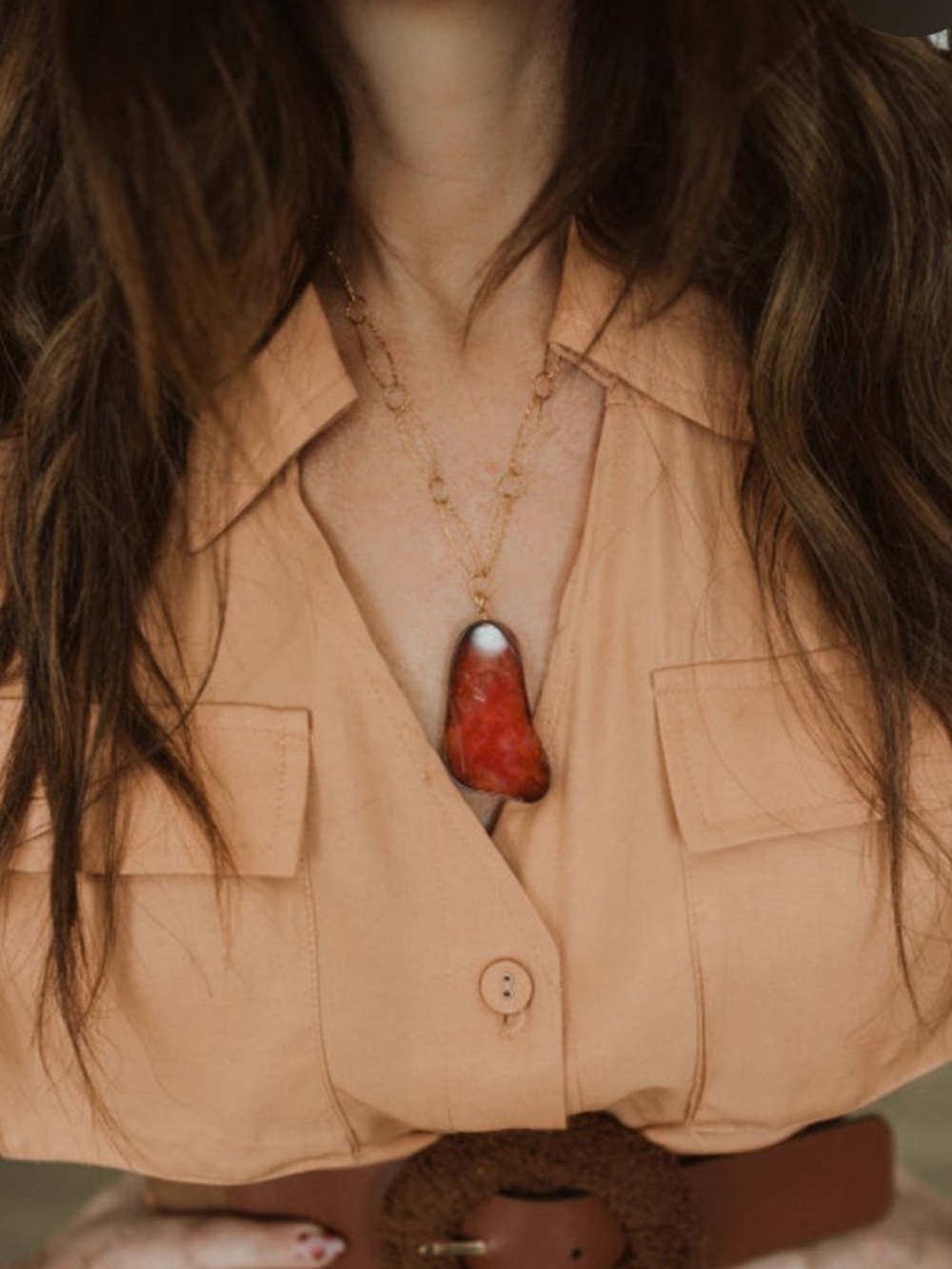 Goldie Lew Red Agate Necklace with Gold Chain - Necklace